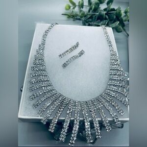 Elegant silver rhinestone crystal necklace earrings set Rhinestone Jewelry Sets